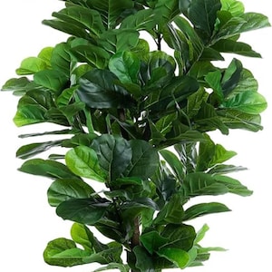 May include: A tall, artificial Fiddle Leaf Fig tree with large, vibrant green leaves. The leaves are broad and textured, arranged in tiers along a brown trunk. The tree is potted in a black, round planter, offering a natural aesthetic for home decor.