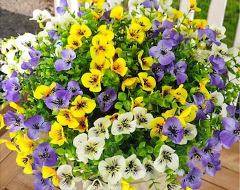 12 Bundles Artificial Pansy Flowers - UV Resistant Silk Outdoor Plants - Porch Garden Decor Mix Colors