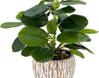 Artificial Potted Plant in Farmhouse Cement Planter – Rustic Greenery Home Decor