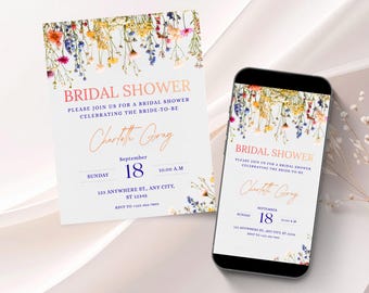 Floral Bridal Shower Invitation Template, Boho Spring Wedding Invite (Editable Canva Template, Digital Download)