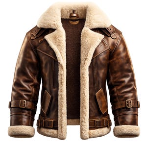 Puede incluir: Una chaqueta de cuero marrón oscuro con un grueso forro de borrego color crema y un cuello de gran tamaño. La chaqueta incluye correas ajustables con hebilla en los puños y la cintura, junto con dos bolsillos delanteros y un forro interior marrón oscuro.