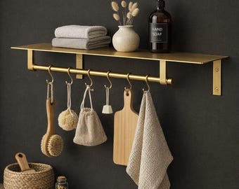 Floating Brass Shelf with Towel Bar, Modern Bathroom Kitchen Organizer