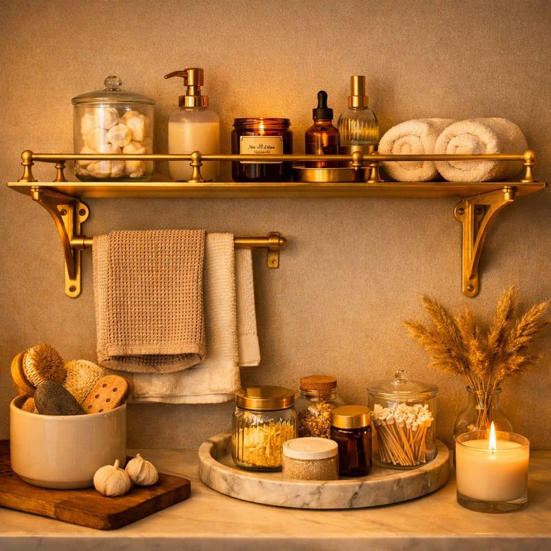 May include: A gold-toned metal wall shelf with a towel bar holding two beige towels. The shelf displays a glass jar with white contents, a soap dispenser, a candle, and two bottles. Below, a marble tray holds jars and a lit candle in a glass.