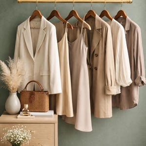 May include: A collection of neutral-toned clothing hanging on a gold metal rack, including a cream blazer, beige slip dresses, a tan trench coat, and a white blouse. A woven handbag and decorative items sit on a wooden dresser below the rack.