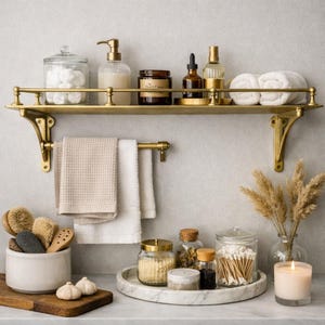Brass Wall Mounted Shelf with Rail, Modern Floating Gallery Ledge Storage image 9