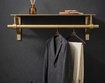 Brass Wall Shelf with Hanging Rail, Modern Entryway Organizer, Minimalist Storage