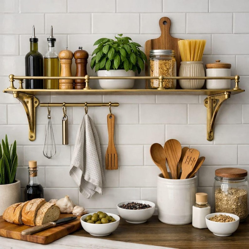 May include: A brass kitchen shelf with a rail holds two glass oil bottles, two wooden salt and pepper grinders, a potted green plant, a glass jar, a ceramic container with pasta, and a white canister. A hanging rack displays a whisk and towel.