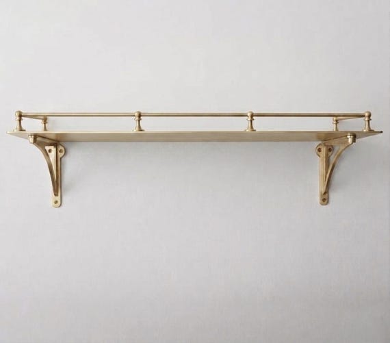 Brass Wall Mounted Shelf with Rail, Modern Floating Gallery Ledge Storage