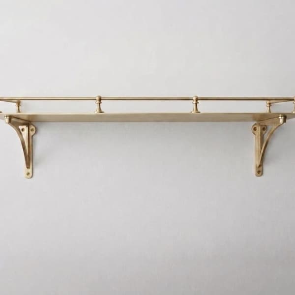 Brass Wall Mounted Shelf with Rail, Modern Floating Gallery Ledge Storage