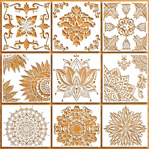 May include: Nine square tiles with intricate, laser-cut designs in a warm, wood-grain color. The patterns include floral, mandala, and geometric motifs, perfect for craft projects or home decor. The tiles are arranged in a three-by-three grid.