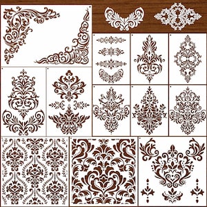 May include: A collection of brown stencils featuring various ornate, symmetrical designs. Included are corner designs, floral patterns, and repeating damask patterns. These stencils are ideal for crafting and decorative projects.