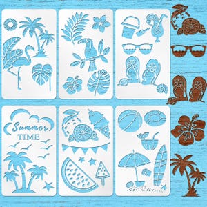 May include: A collection of white rectangular stencils featuring summer-themed cutouts including a flamingo, palm trees, a toucan, tropical flowers, flip-flops, sunglasses, ice cream, watermelon, a surfboard, and the text Summer TIME.