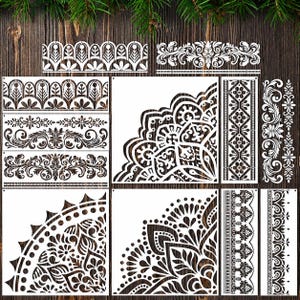 9 Piece Mandala Stencil Set, Reusable Border Pattern Templates for Walls, Furniture, Rugs, Tables and DIY Painting