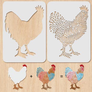 May include: Two white rooster stencils with a wooden background. One stencil is a solid outline, the other is a detailed cut-out design. Below, a white rooster outline is combined with a colorful rooster illustration to show the design possibilities.
