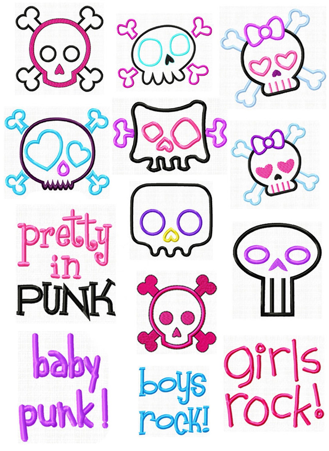 SALE! Cute Punk Skulls Girly Embroidery Machine Embroidery APPLIQUE Set ...