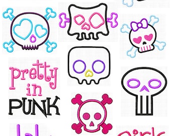 SALE!  Cute Punk Skulls girly Embroidery Machine Embroidery APPLIQUE set by Cutestuff Designs Instant Download