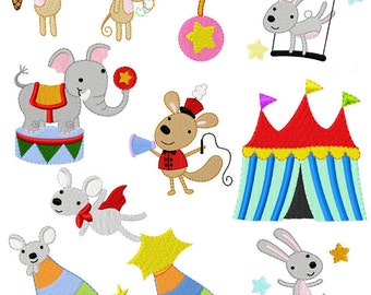 SALE!  Embroidery Circus Animals machine embroidery by Cutestuff Design 11 piece set