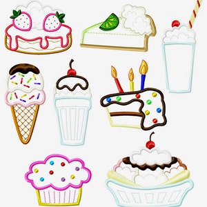 Puede incluir: Un conjunto de nueve diseños bordados que representan varios postres, incluyendo un pastel de fresa, una rebanada de pastel de lima, un batido, un cono de helado, un cupcake, un pastel de cumpleaños, un sundae y un banana split.