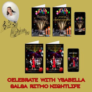 Könnte beinhalten: Eine Sammlung von Geburtstagskarten und digitalen Displays mit einer Person im weißen Hemd, bunten Luftballons, Noten und einer Tanzflächenszene mit dem Text Happy Birthday und Feliz Cumpleaños in roter und goldener Schrift.