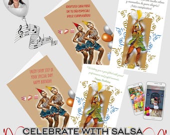 Collezione Latin Fest, auguri di compleanno, biglietti da stampare e piegare, disegni bilingue di salsa
