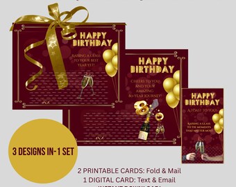 Cinque per sette biglietti d'auguri personalizzati e file digitali per dispositivi mobili, pacchetto vino e oro