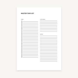May include: A white paper titled "MASTER TASK LIST" with sections for tasks, categories, and notes. The task section has checkboxes for each item. The paper is designed for organizing and planning.