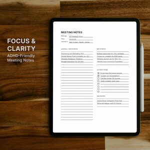 Appunti per riunioni sull'ADHD stampabili, strumento di monitoraggio delle riunioni a bassa stimolazione, modello minimalista per le funzioni esecutive, foglio di focalizzazione digitale
