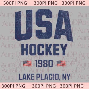 May include: A distressed navy blue graphic with the text "USA HOCKEY 1980 LAKE PLACID, NY" and two small American flags. The design has a vintage, worn look, perfect for sports fans.