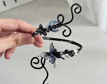 Zwarte met draad gewikkelde armmanchet, gotische maan Fairycore-armband, donkere etherische wervelingen