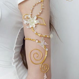 Gold Wire Wrapped Fairy Lily Arm Cuff, Boho Whimsical Bracelet, Crystal Butterfly Shell Charm