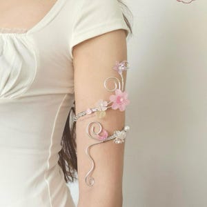 Silver Wire Wrapped Pink Fairy Moon Arm Cuff, Whimsical Butterfly Pearl Flower Bracelet