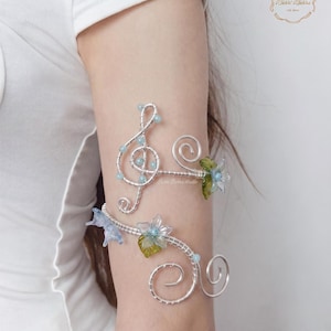 Silver Wire Wrapped Music Note Arm Cuff, Boho Fairy Butterfly Flower Bracelet
