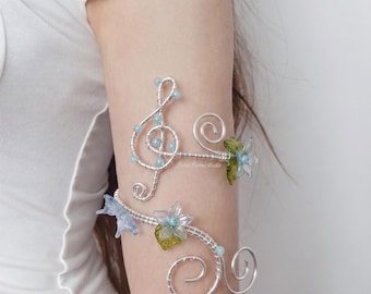 Silver Wire Wrapped Music Note Arm Cuff, Boho Fairy Butterfly Flower Bracelet