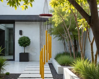 Carillón de viento de metal dorado con tapa de madera / Carillón de exterior de sonido armonioso profundo / Decoración para jardín, patio y balcón / Regalo relajante