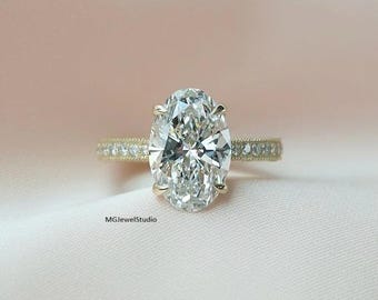 Oval Cut Moissanite Milgrain Ring 4CT, Gold Plated 925 Sterling Silver, Vintage Halo Band