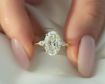 Oval Cut Moissanite Ring 3CT, Gold Plated 925 Silver, Hidden Halo Side Stone Bridal Jewellery