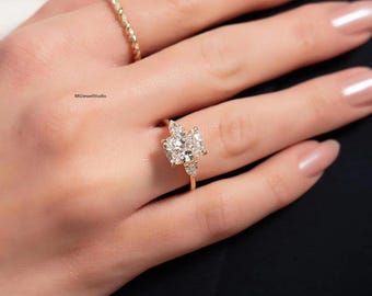Avlång kuddslipad moissanitring 2CT ca. Halo Statement-smycken förgyllt silver