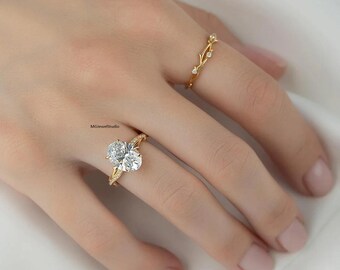 3CT Oval Cut Moissanite Twig Band Ring, Gold Plated Sterling Silver Nature Inspired