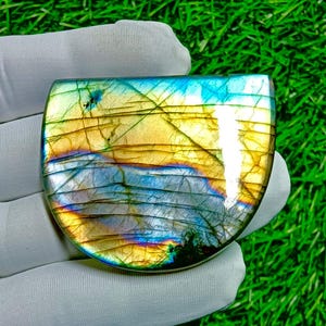 Designer Labradorite Cabochon: Blue Green Yellow Flash Statement Gemstone (54x46x8mm)