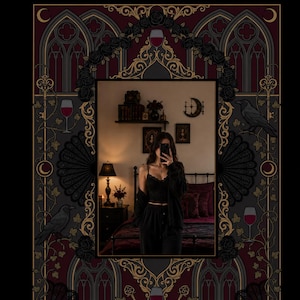 May include: A rectangular wall tapestry featuring a dark, ornate border with black roses, gold filigree, wine glasses, and ravens. The center displays a mirror reflection of a bedroom with a bed, lamp, and shelves, framed by a gothic arch design.