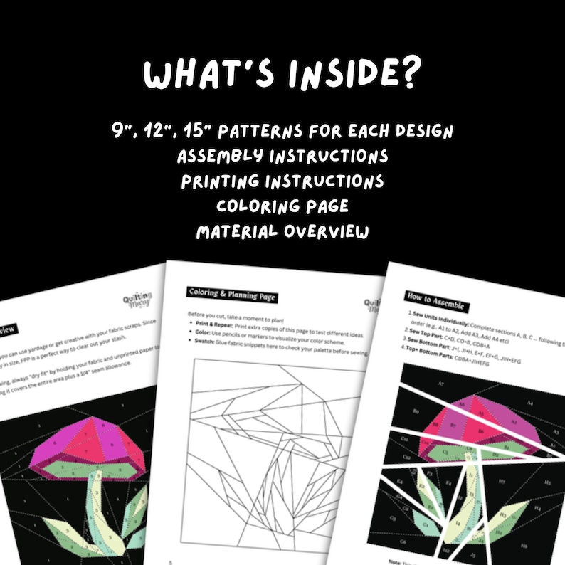 May include: A black background with white text that reads "WHAT'S INSIDE?" and lists: 9", 12", 15" patterns, assembly instructions, printing instructions, coloring page, and material overview. Below are pages with mushroom designs.