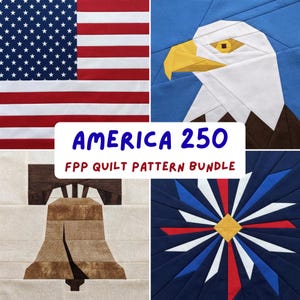 Amerika 250 FPP quiltmönster bunt USA 250-årsjubileum patriotisk PDF grundpapper lapptäcke flagga vithövdad havsörn frihetsklocka fyrverkerier
