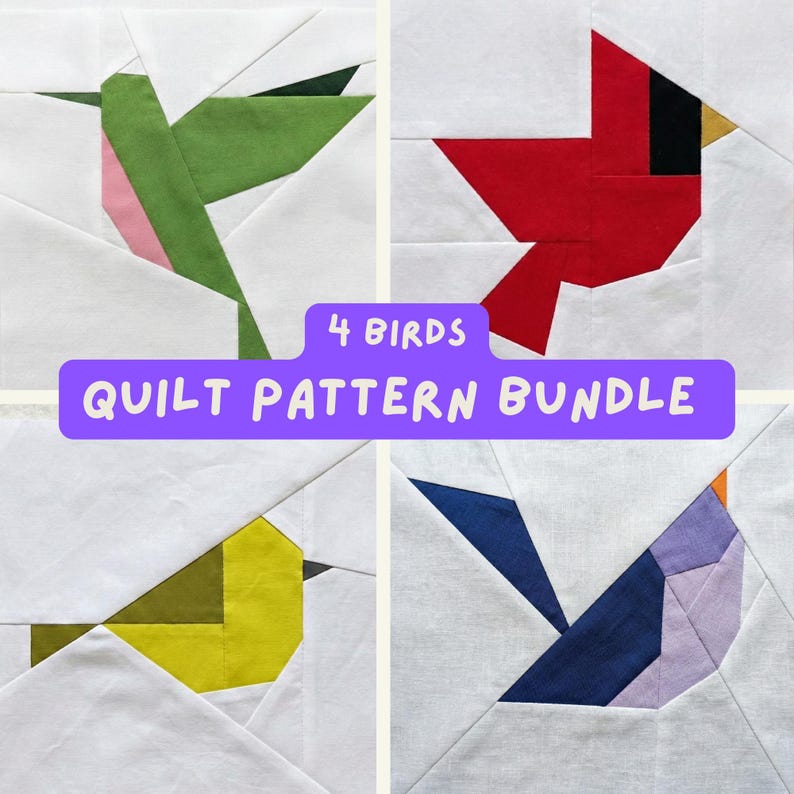 Puede incluir: Un paquete de patrones de edred&oacute;n con cuatro dise&ntilde;os de p&aacute;jaros diferentes. Cada p&aacute;jaro est&aacute; hecho de piezas de tela coloridas sobre un fondo blanco. El texto "4 BIRDS QUILT PATTERN BUNDLE" se muestra en una pancarta p&uacute;rpura.