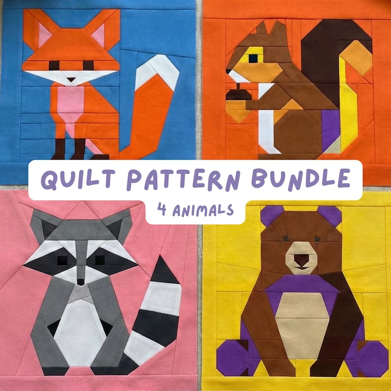 Puede incluir: Un paquete de patrones de edred&oacute;n con cuatro dise&ntilde;os geom&eacute;tricos de animales: un zorro, una ardilla, un mapache y un oso. Cada animal est&aacute; sobre un fondo de color diferente: azul, naranja, rosa y amarillo. Se muestra el texto "QUILT PATTERN BUNDLE 4 ANIMALS".
