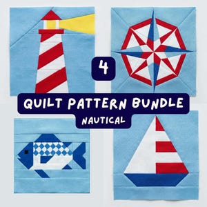 Puede incluir: Un conjunto de patrones de quilt con temática náutica, que incluye cuatro diseños: un faro, una rosa de los vientos, un pez y un velero. Los diseños utilizan azul, rojo y blanco. El texto dice "QUILT PATTERN BUNDLE NAUTICAL".