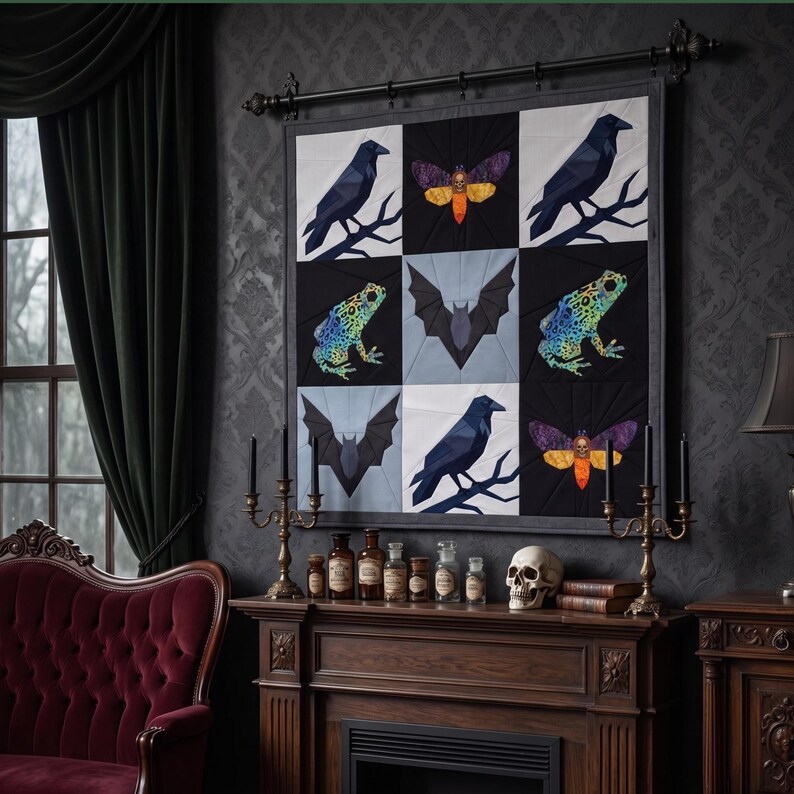 May include: A framed quilt featuring a patchwork design with a dark, gothic theme. The quilt showcases various creatures, including ravens, moths, bats, and frogs. The color palette includes black, gray, and pops of color, creating a spooky yet artistic aesthetic.
