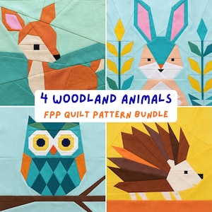 Puede incluir: Un conjunto de patrones de edredón con cuatro animales del bosque: un ciervo, un conejo, un búho y un erizo. Los animales están representados en un estilo geométrico y colorido. El texto "4 WOODLAND ANIMALS FPP QUILT PATTERN BUNDLE" está visible.
