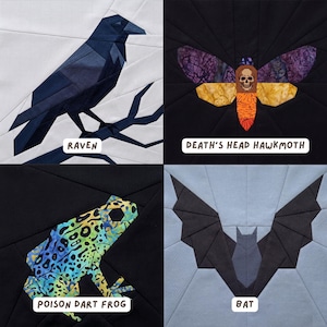 May include: Four fabric art blocks featuring geometric designs of a raven, a Death's Head Hawk Moth, a poison dart frog, and a bat. Each design is set against a contrasting background, with the names of each creature printed below.