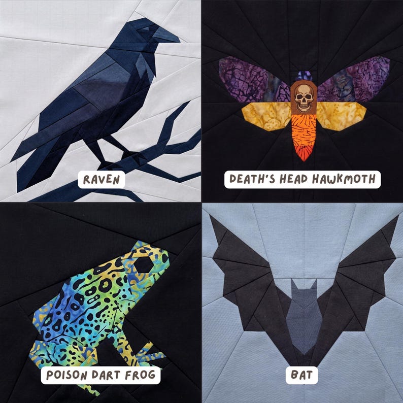 May include: Four fabric art blocks featuring geometric designs of a raven, a Death's Head Hawk Moth, a poison dart frog, and a bat. Each design is set against a contrasting background, with the names of each creature printed below.