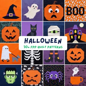 Halloween-Quiltmuster-Set (FPP Foundation Paper Piecing): Gruseliger Geist, Totenkopf, Kürbis, Hexe, Spukhaus, Herbst-Nähvorlage (PDF)